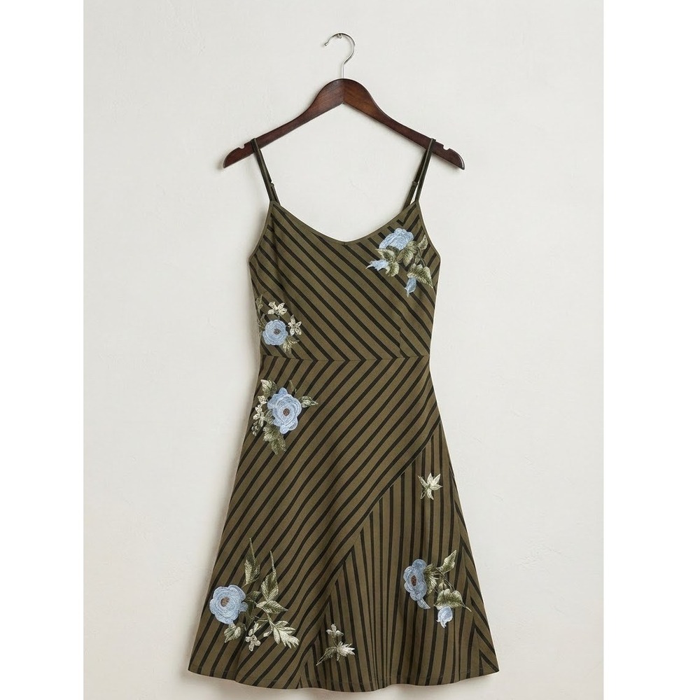 JW Los Angeles Olive Green Striped Floral Embroidered Cami Dress M Johnny Was